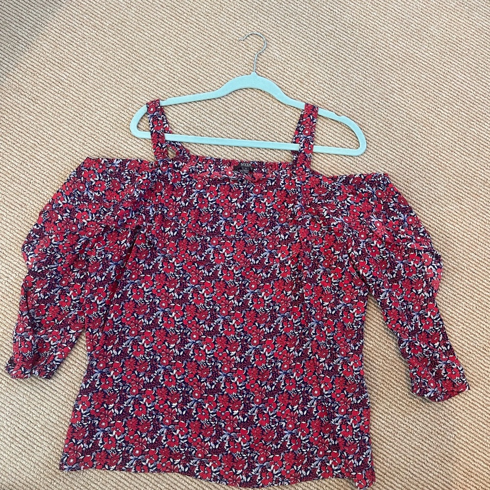 NYDJ Blue and Red Ruffled 3/4 Sleeve Blouse